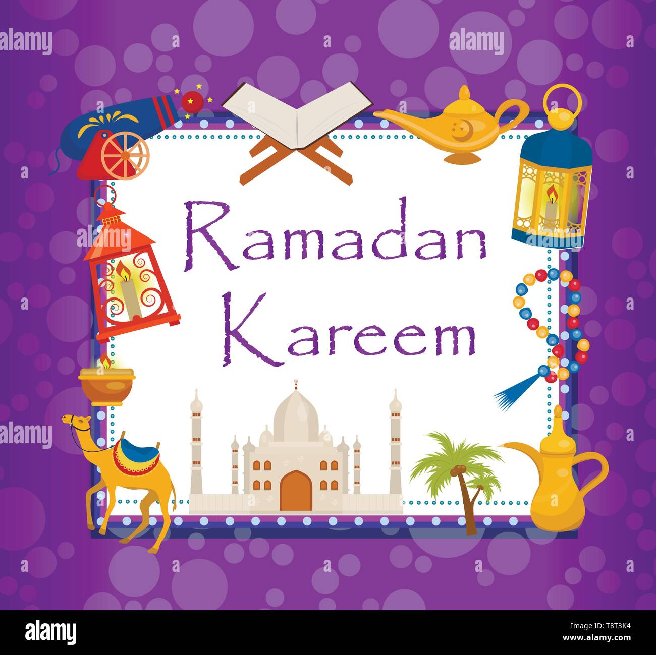 Ramadan kareem carte postale avec des éléments de design arabe camel, Coran, lanternes, Rosaire, de l'alimentation, de la mosquée. Vector illustration. Illustration de Vecteur