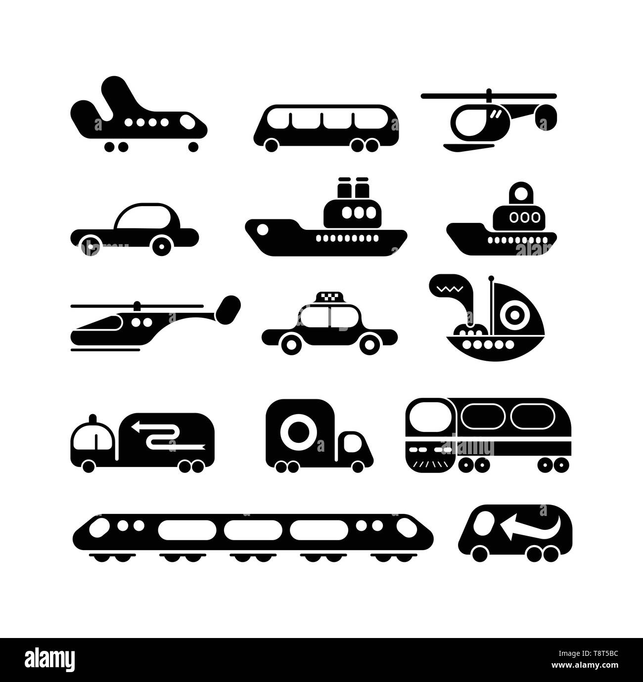 Diverses icônes vecteur de transport noir isolé sur un fond blanc. Ensemble d'éléments de conception. Illustration de Vecteur