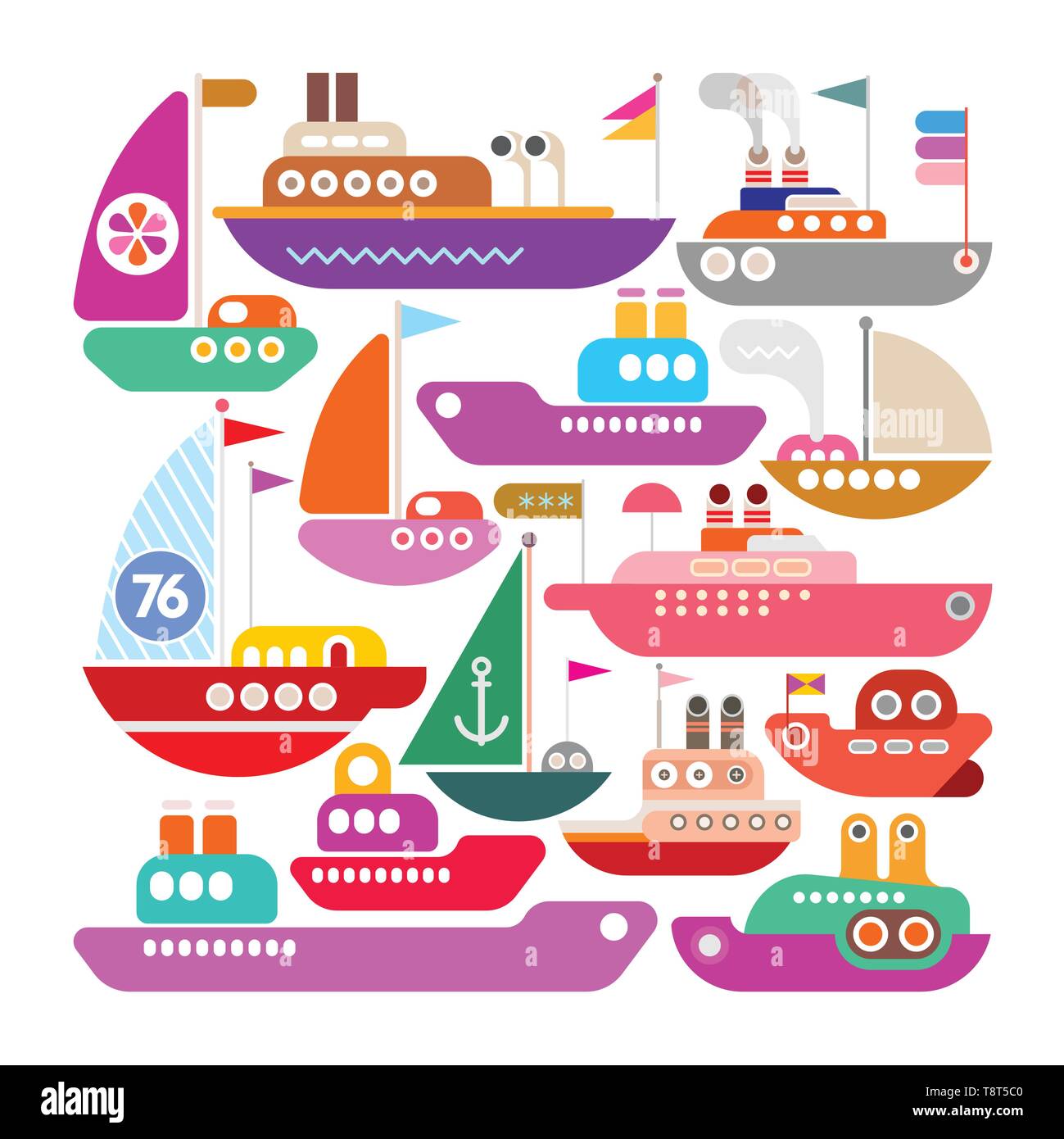 Les icônes colorées isolé sur fond blanc, navires, yachts et bateaux de conception de scénario. Illustration de Vecteur