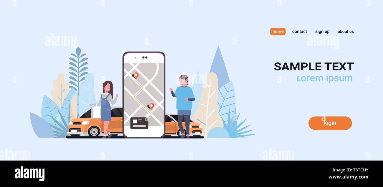 Les gens en utilisant la commande en ligne de partage de voiture taxi transport concept d'application mobile app service d'autopartage homme femme près de l'écran du smartphone avec Illustration de Vecteur