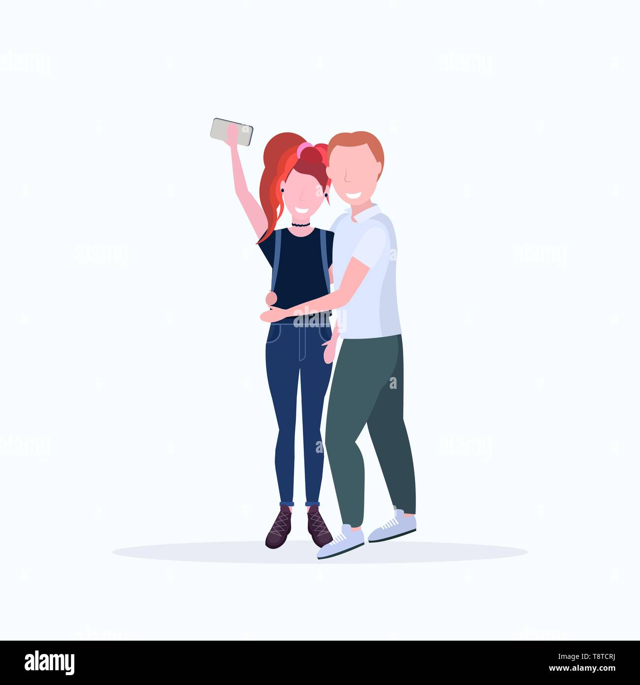 Homme Femme couple taking photo selfies sur appareil photo smartphone hommes femmes Faire place au personnages posant sur fond blanc télévision pleine longueur Illustration de Vecteur