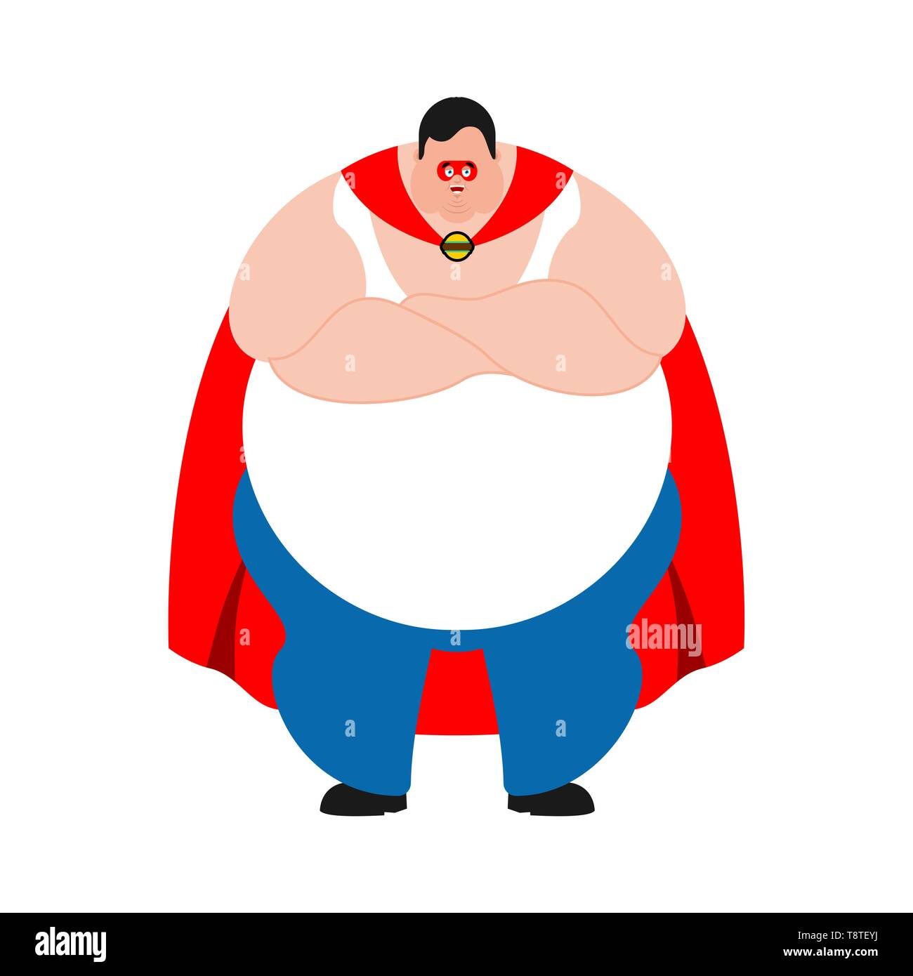 Super-héros gras. Super Stout guy en masque et imperméable. Strong grand homme Illustration de Vecteur