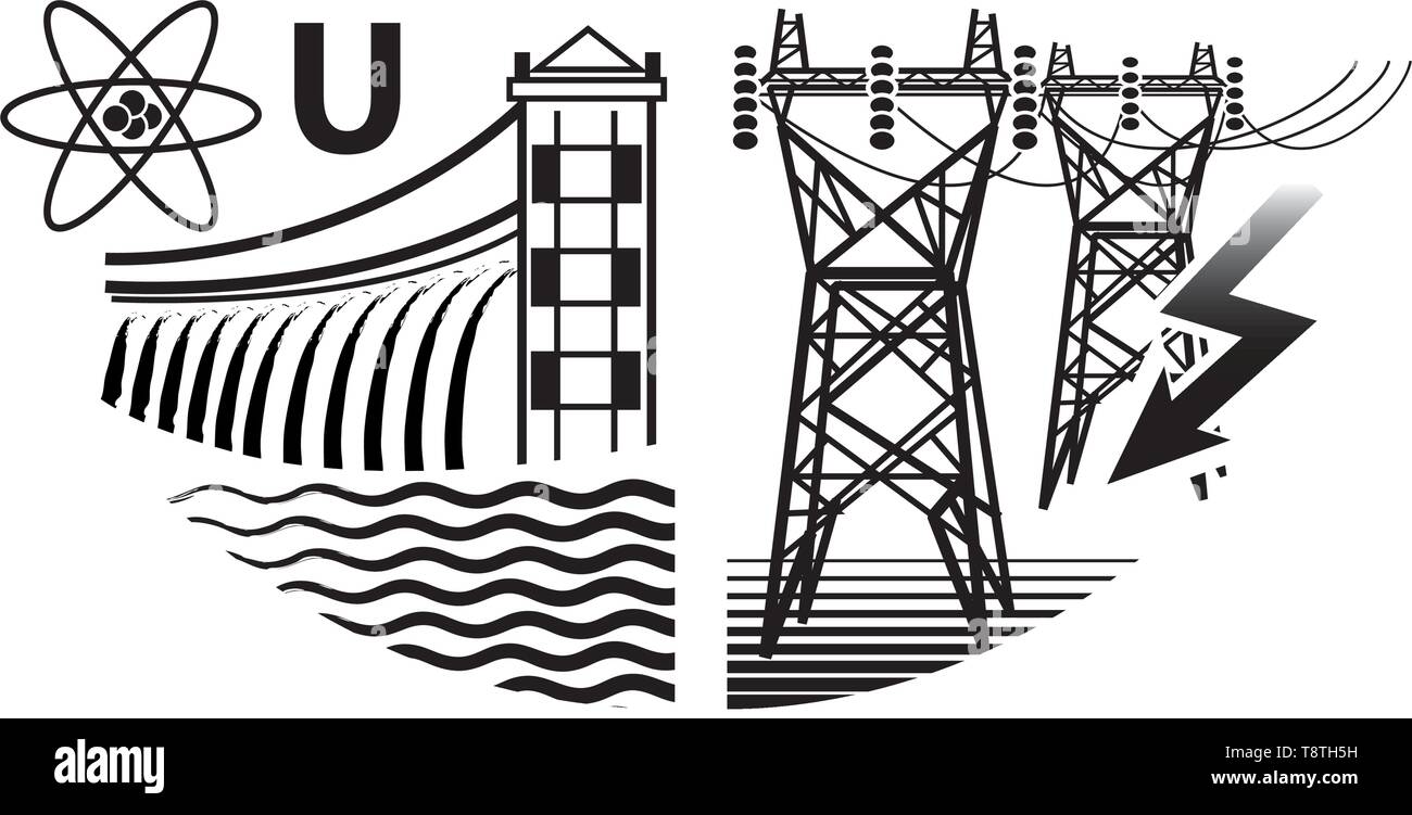 Les ressources de l'énergie : énergie nucléaire et hydroélectricité centrales, et des centrales électriques. Illustration de Vecteur