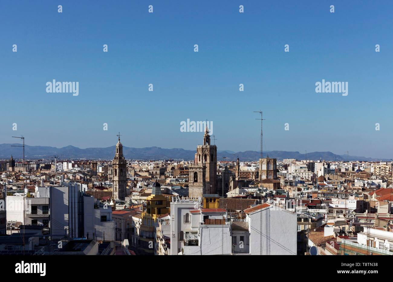 Panorama, vue sur la ville, Vieille Ville, vieille ville, tours d'église et Santa Caterina Micalet, vue du Mirador Ateneo Mercantil, Valencia, Espagne Banque D'Images