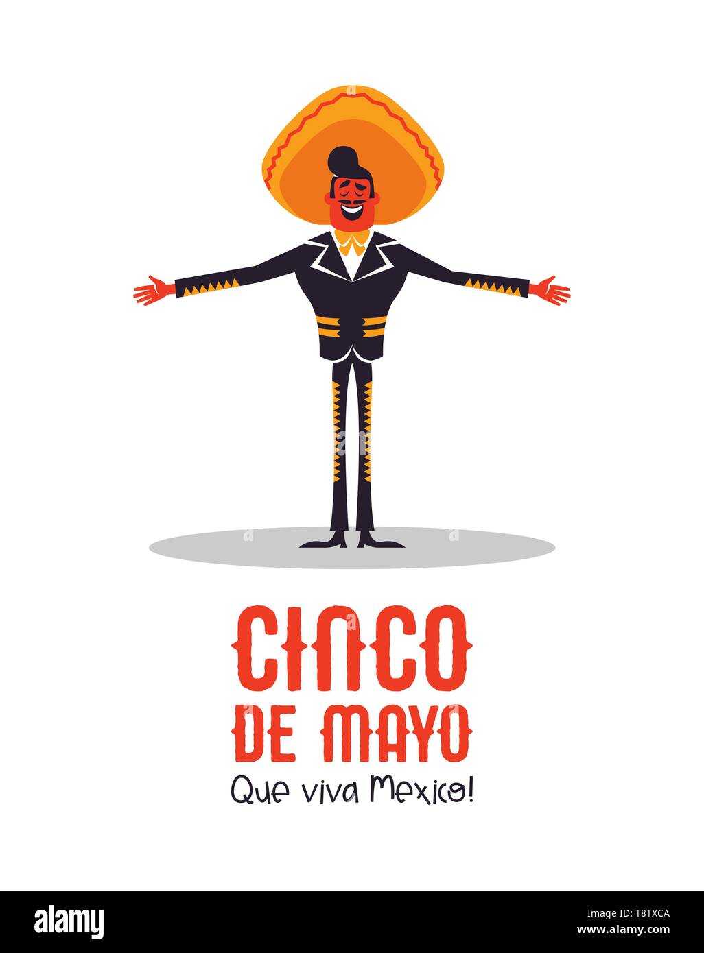 Heureux Le Cinco de Mayo carte de souhaits l'illustration de l'indépendance mexicaine maison de célébration. Cartoon mariachi homme chanteur avec grand chapeau. Illustration de Vecteur