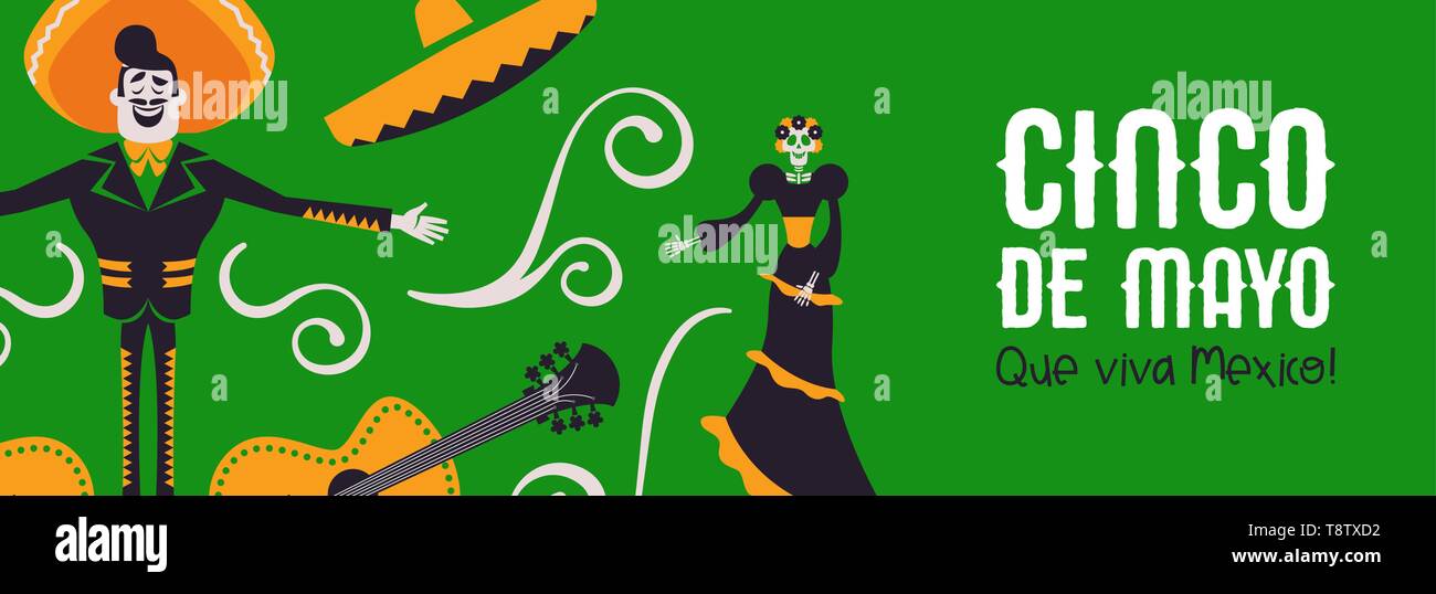Le Cinco de Mayo illustration bannière web pour l'indépendance du Mexique Le Mexique traditionnel avec décoration de la culture. Inclut des mariachi, grand chapeau, guitare et skel Illustration de Vecteur