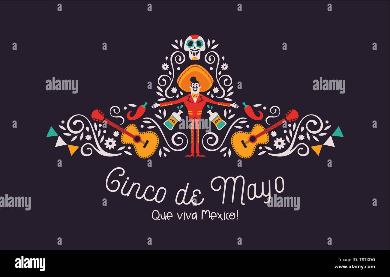 Heureux Le Cinco de Mayo illustration de carte de vœux pour le mexique fête de l'indépendance. Big Mexican Hat avec la culture traditionnelle de décoration. Comprend mari Illustration de Vecteur