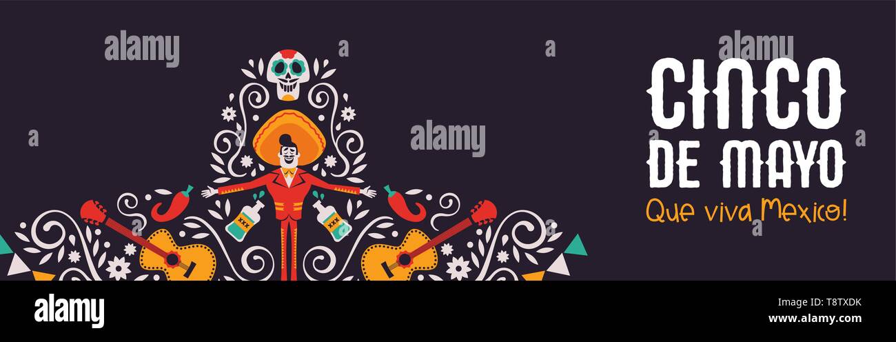 Heureux Le Cinco de Mayo bannière web illustration pour le mexique fête de l'indépendance. Big Mexican Hat avec la culture traditionnelle de décoration. Inclut des mariach Illustration de Vecteur