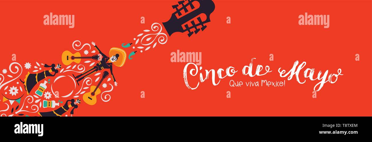 Le Cinco de Mayo banner illustration pour la fête de l'indépendance mexicaine. Forme de guitare faite du Mexique culture décoration. Inclut des mariachi, piment, Illustration de Vecteur