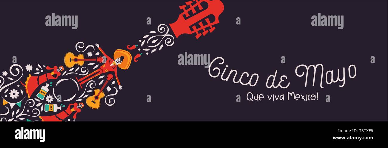 Heureux Le Cinco de Mayo banner illustration pour le mexique fête de l'indépendance. Guitare mexicaine avec la culture traditionnelle de décoration. Comprend l'homme mariachi Illustration de Vecteur