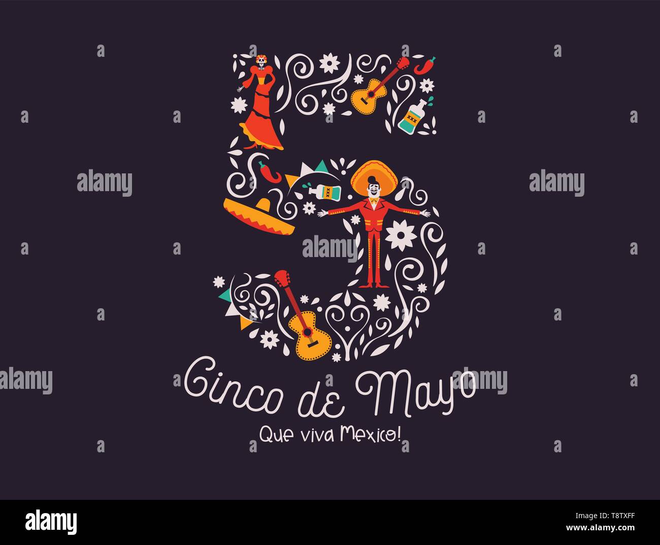Heureux Le Cinco de Mayo illustration de carte de vœux pour le mexique fête de l'indépendance. Numéro 5 mai avec la culture traditionnelle de décoration. Inclut maria Illustration de Vecteur