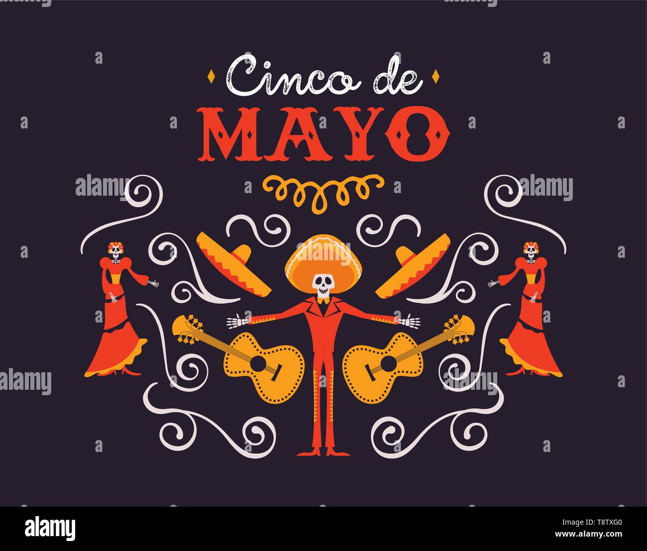 Le Cinco de Mayo mexicain illustration pour la fête de l'indépendance. Caricature de l'arrière-plan de la culture traditionnelle du mexique décoration. Inclut des mariachi, mort Illustration de Vecteur