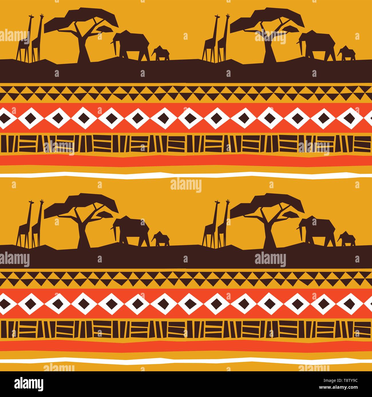 Art Africain motif transparent. Paysage de l'Afrique avec des animaux et décoration de style tribal traditionnel. Illustration de Vecteur