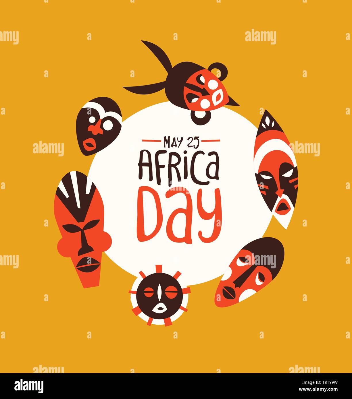 25 mai Journée de l'Afrique Carte de souhaits d'tribal coloré masques africains. L'illustration de l'art ethnique traditionnelle maison de la liberté. Illustration de Vecteur