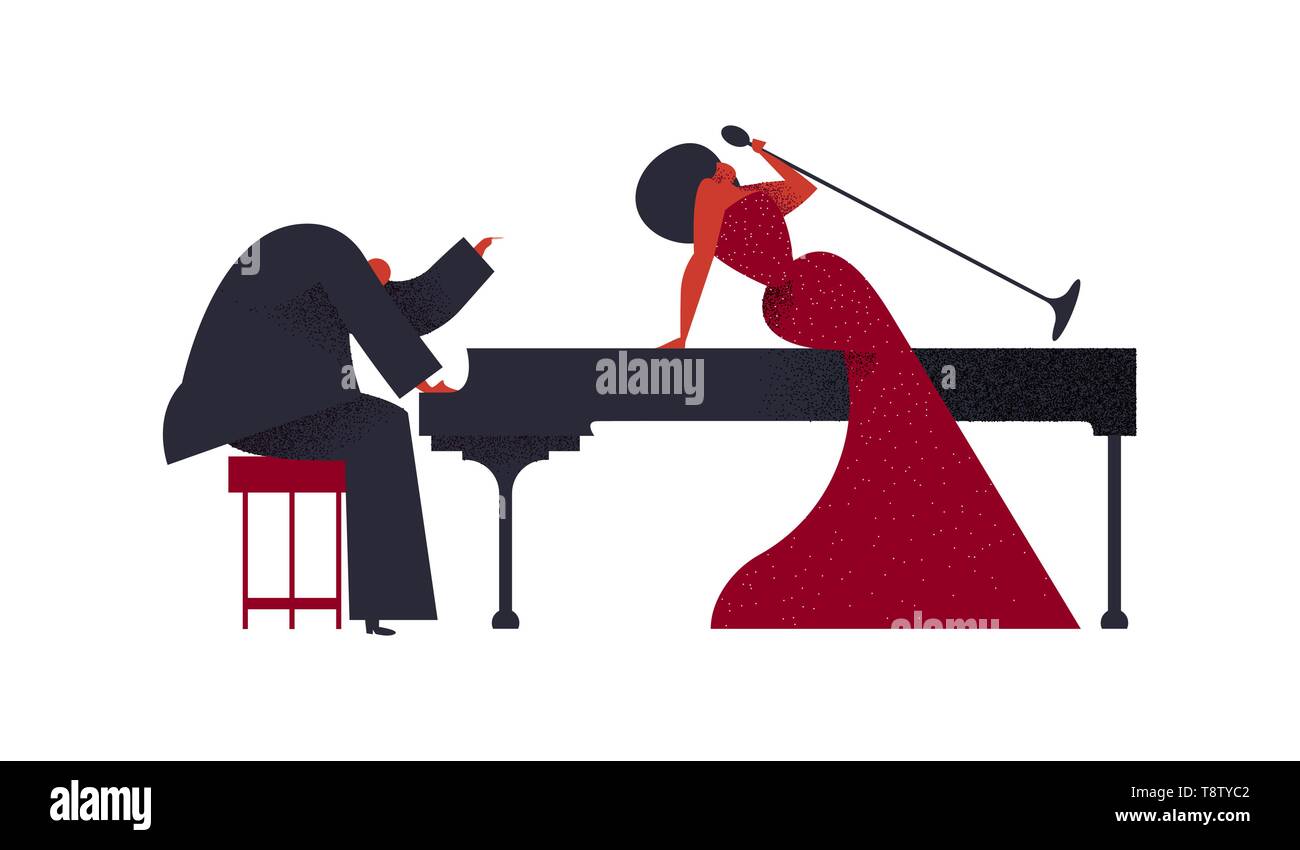 Concert de jazz, concept. L'homme à jouer du piano avec la chanteuse femme isolée sur fond blanc pour music festival ou événement. Illustration de Vecteur