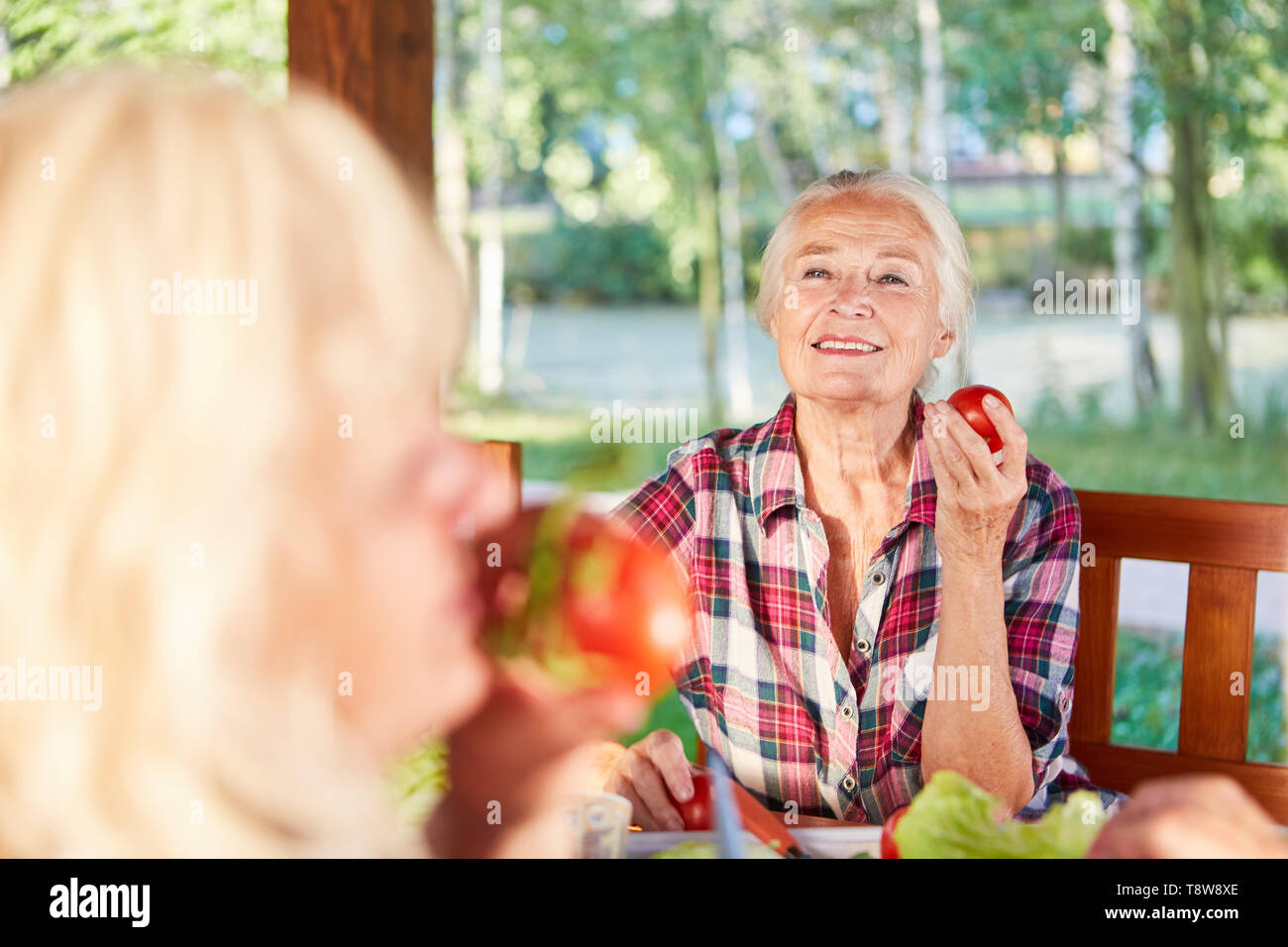 Les personnes âgées ayant un petit-déjeuner sain avec des légumes bio du jardin Banque D'Images