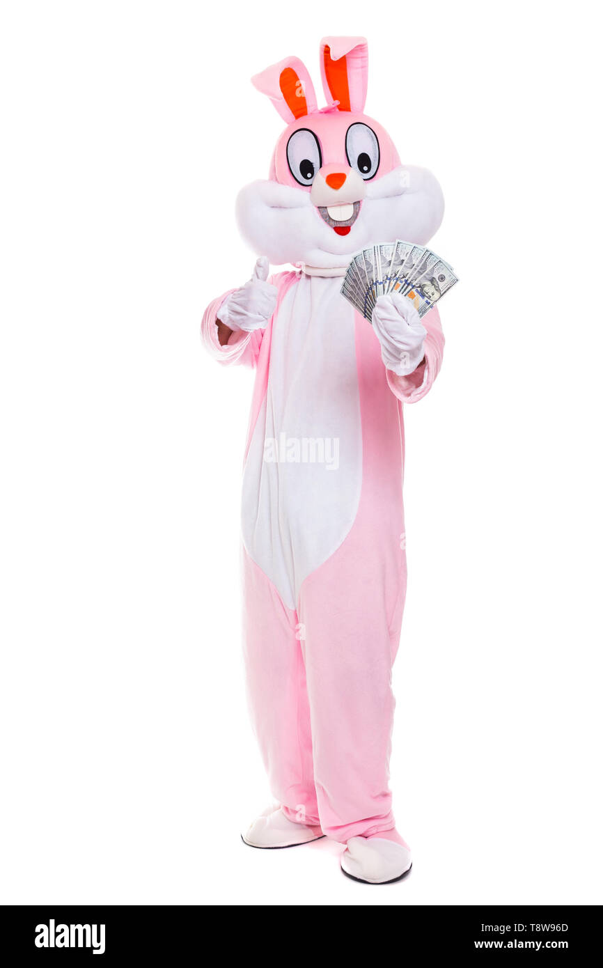 Lapin de Pâques avec ventilateur de dollars, célèbre Pâques. Lucky Man riche détient l'argent hundred dollar bills Banque D'Images