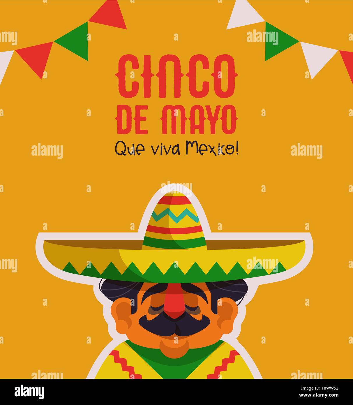 Heureux Le Cinco de Mayo carte de souhaits l'illustration de l'indépendance mexicaine maison de célébration. Cartoon mariachi homme chanteur avec grand chapeau et poncho et v Illustration de Vecteur