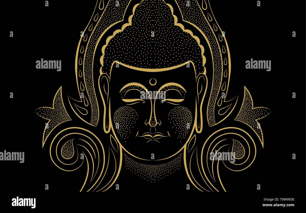 Visage de Bouddha en or couleur sur fond noir isolé. La religion bouddhiste traditionnelle pour l'art asiatique zen concept ou la culture. Illustration de Vecteur