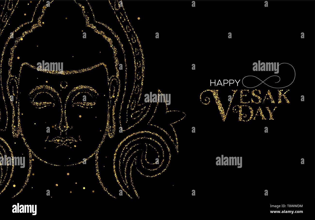 Heureux Jour du Vesak illustration pour la fête bouddhiste. Glitter gold buddha face avec décoration traditionnelle hindoue. Illustration de Vecteur