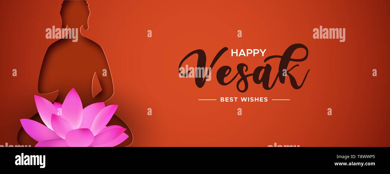 Heureux Jour du Vesak illustration pour la célébration de l'hindouisme. Papercut buddha silhouette rose avec fleur de lotus. Illustration de Vecteur