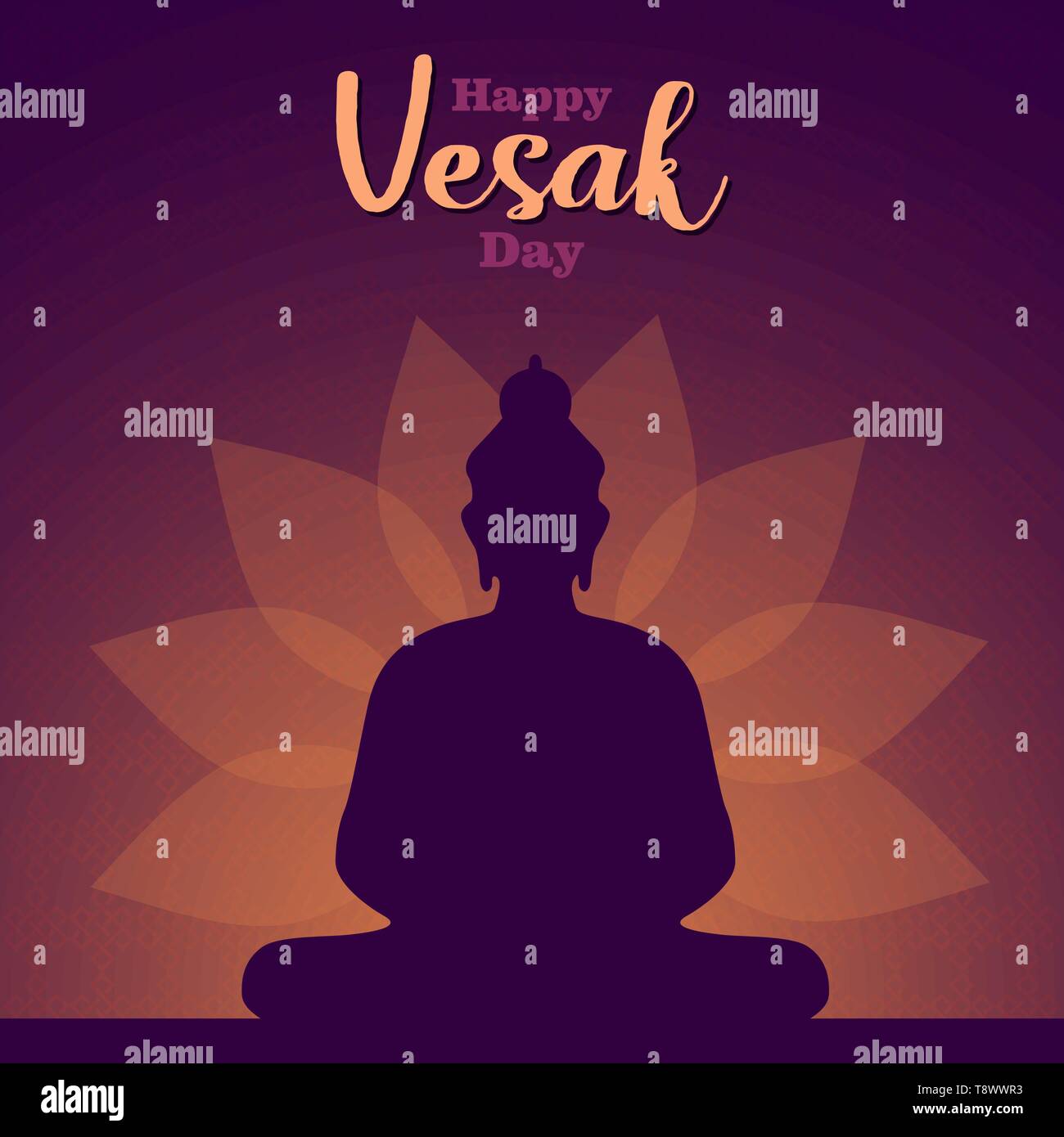 Joyeux Vesak Day card illustration de statue de bouddha silhouette sur fond de fleurs de lotus. Illustration de Vecteur