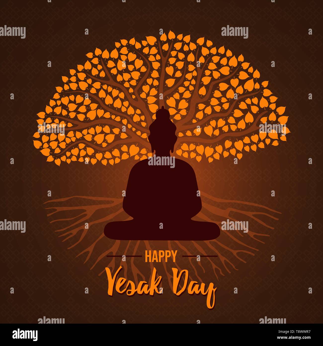 Joyeux Vesak Day card illustration pour maison de vacances traditionnelle hindoue. Statue de Bouddha en or sur silhouette arbre de bodhi. Illustration de Vecteur