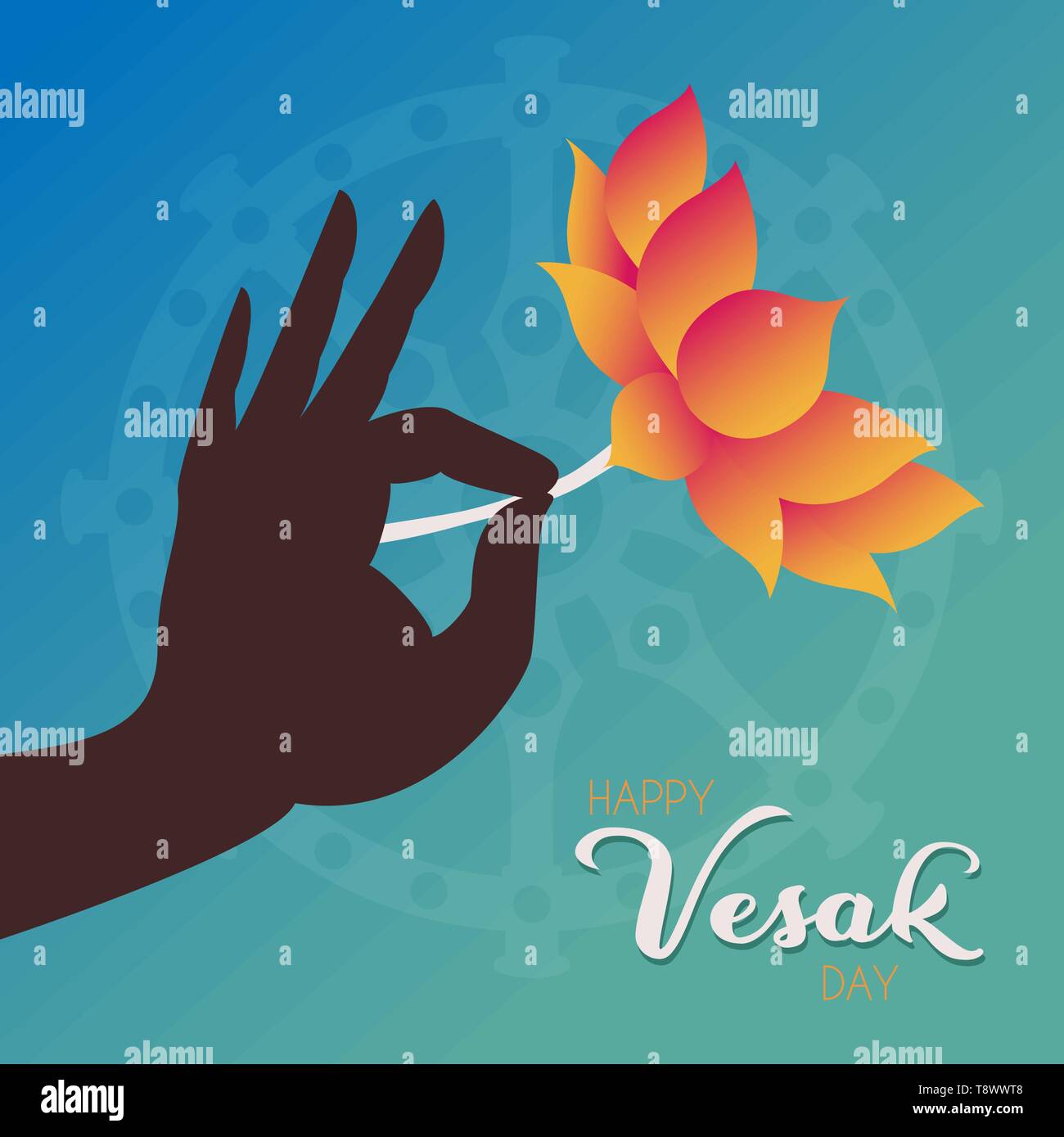 Joyeux Vesak Day Greeting card illustration. Main tenant l'or fleur pour célébrer la naissance de Bouddha. Illustration de Vecteur