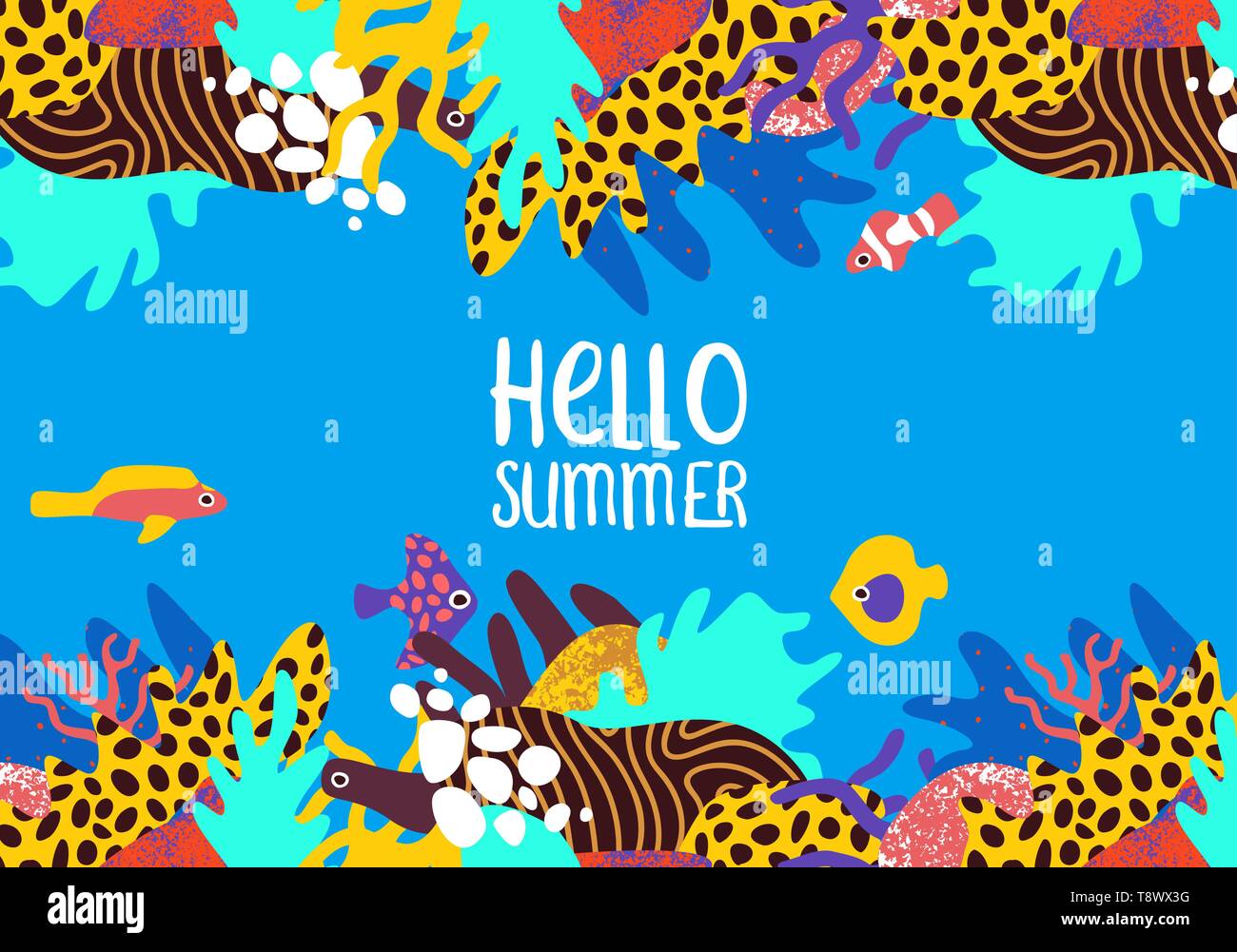 Hello Summer illustration de sous-marin de coraux colorés avec des plantes tropicales et des poissons dans le style cartoon dessiné à la main. Illustration de Vecteur