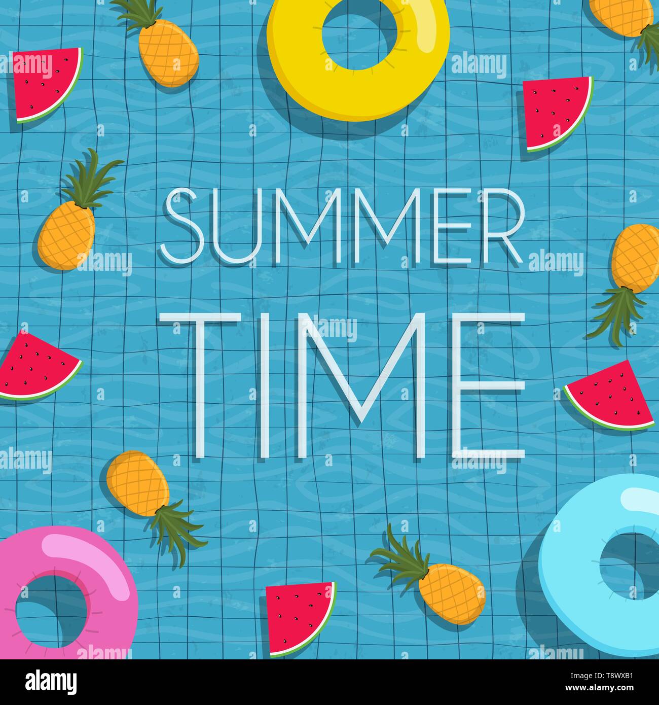 Happy Summer Greeting card illustration de la vie de veille et les fruits tropicaux exotiques flottant sur l'eau de piscine, l'arrière-plan. Illustration de Vecteur