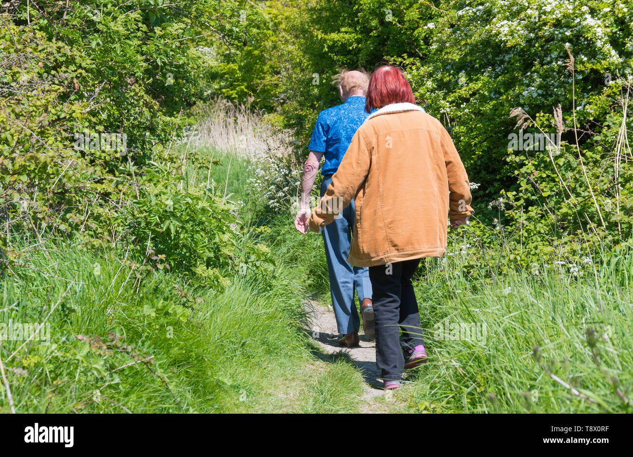 Couple de personnes à pied le long d'un sentier de pays au printemps dans le West Sussex, Angleterre, Royaume-Uni. Banque D'Images