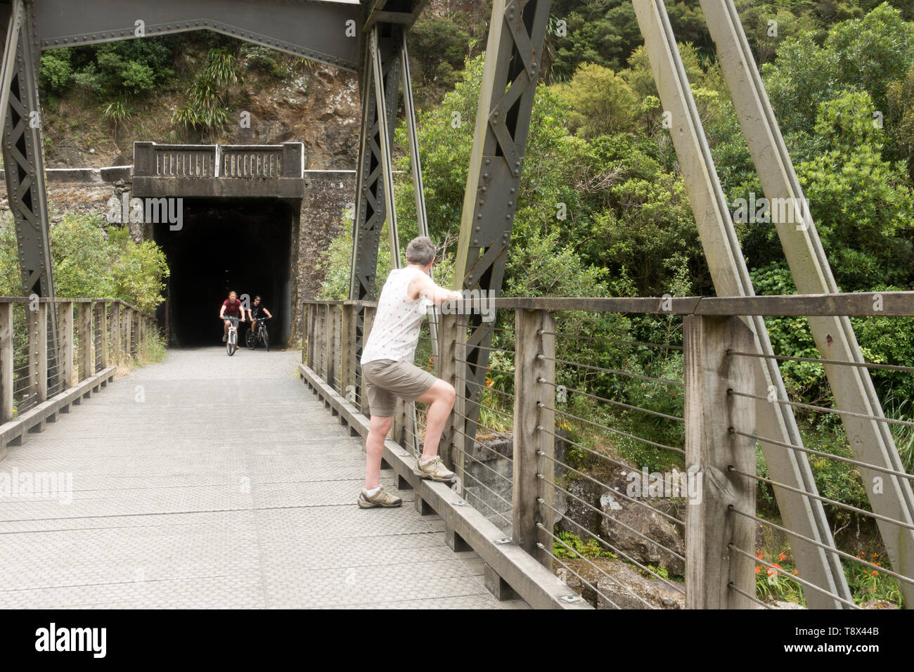 Une piste de randonnée à pied ou à vélo sur l'ancienne ligne de chemin de fer dans la Gorge de Karangahake, partie de l'Hauraki Rail Trail Banque D'Images