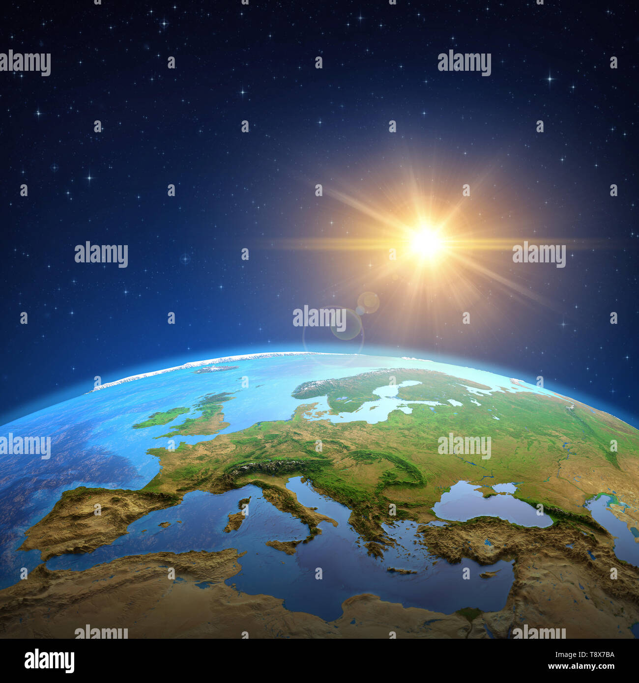 Surface de la planète Terre vue d'un satellite, l'accent sur l'Europe, soleil qui brille dans l'espace lointain. Illustration 3D - Éléments de cette image fournie Banque D'Images