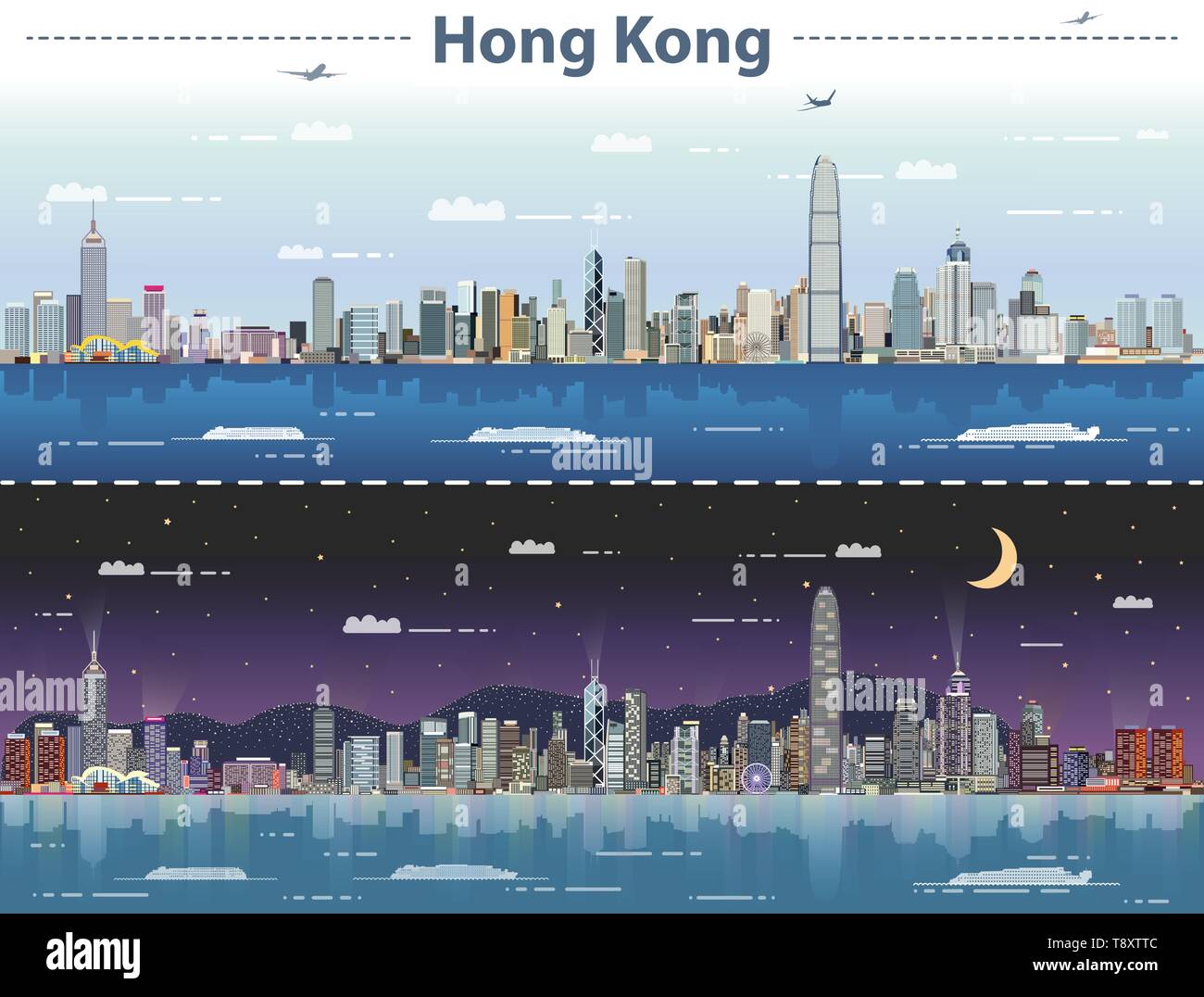 Hong Kong city skyline à jour et nuit vector illustration Illustration de Vecteur