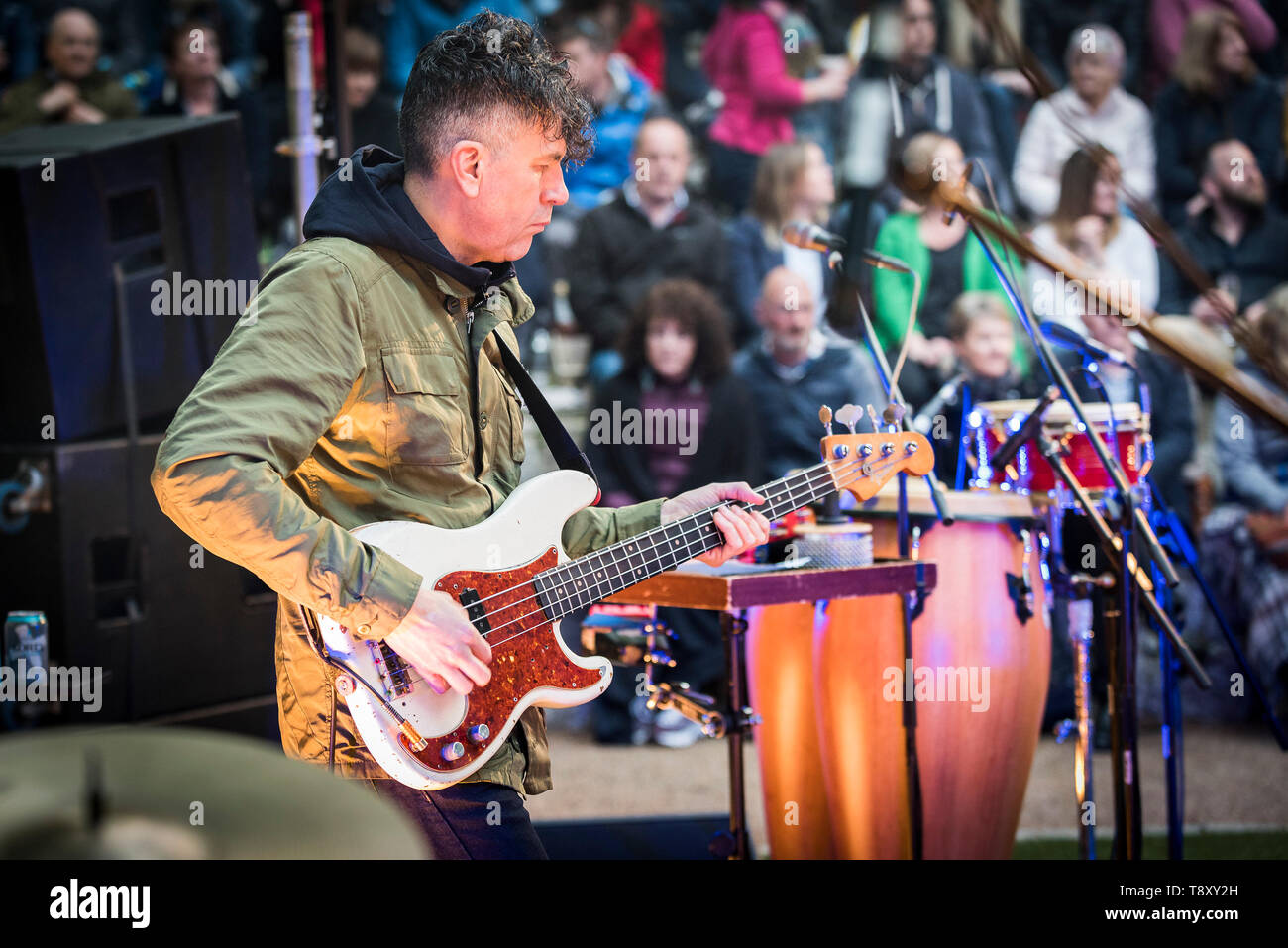 Neil Harland, le guitariste basse avec Courvoisier & Turrell, un groupe de nord-est de l'Angleterre du Nord à l'exécution de leurs Funk Trebah Garden à Cornwall. Banque D'Images