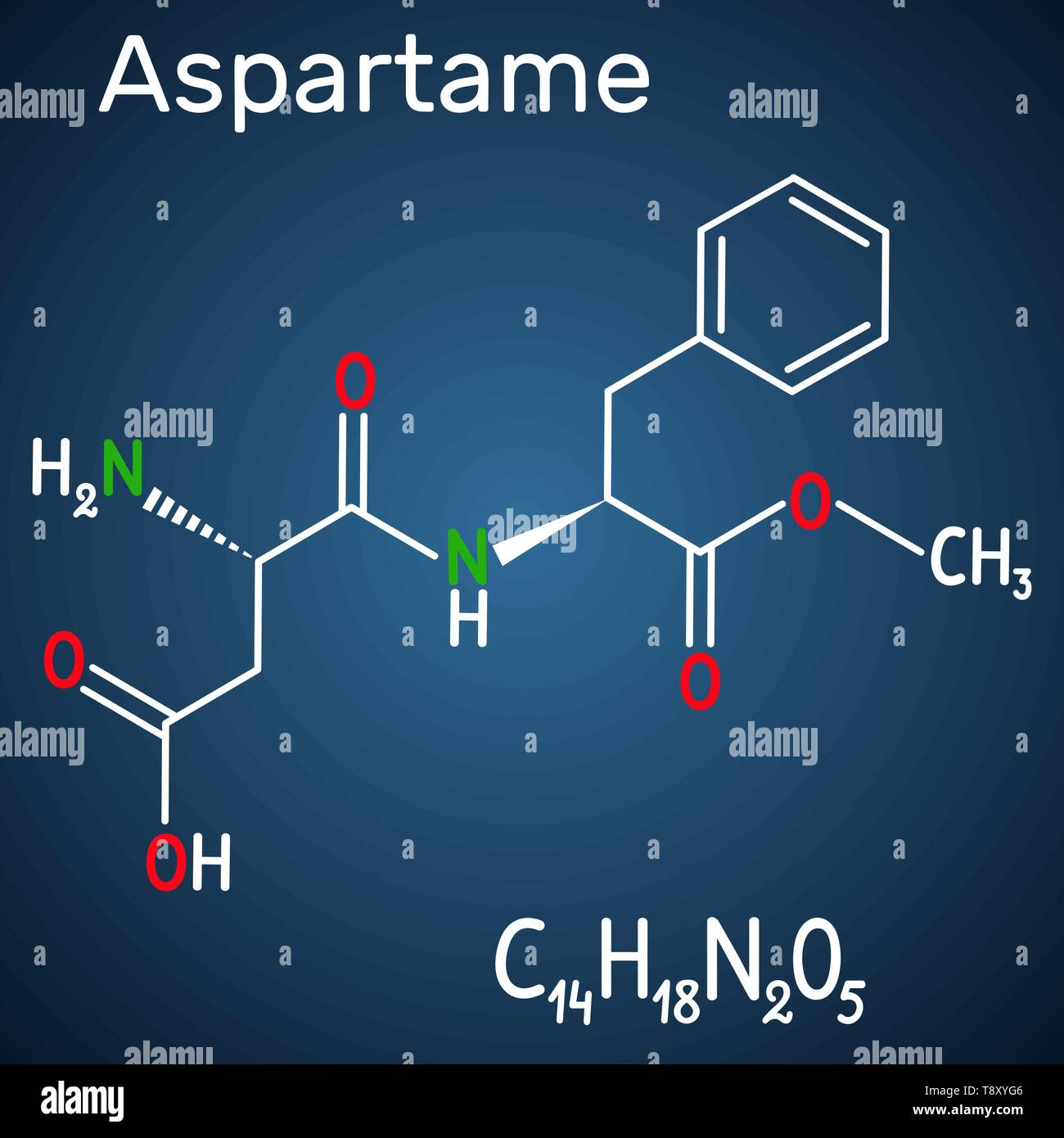 L'Aspartame, APM, molécule. Substitut du sucre et E951. Formule chimique et structurale de la molécule modèle fond bleu foncé. Vector illustration Illustration de Vecteur