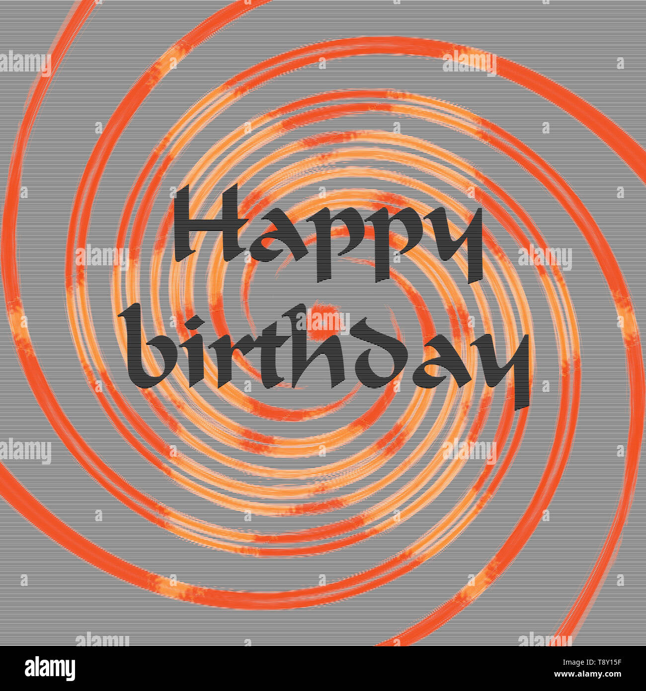 Joyeux anniversaire carte de voeux colorée avec des étoiles et tourbillon de couleur rouge sur fond gris. Carte intéressante. Banque D'Images