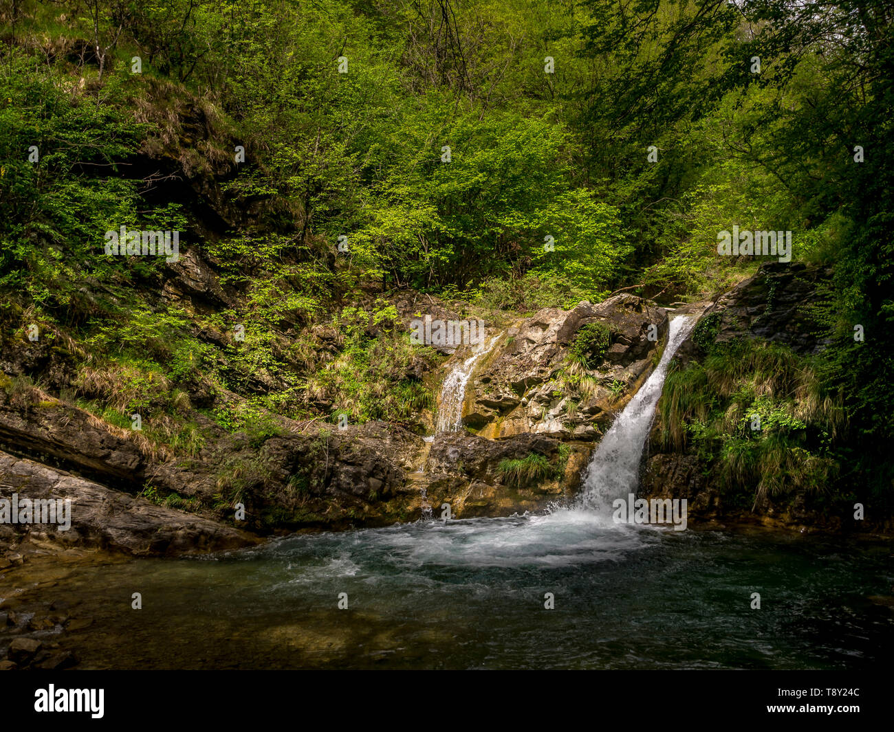 Fiacciano alias Cascate di Bozzi delle Fate. Traduction : chutes d'Fiacciano, alias la Fée des étangs . Près de Fivizzano en Lunigiana, au nord de la Toscane, Italie. Banque D'Images