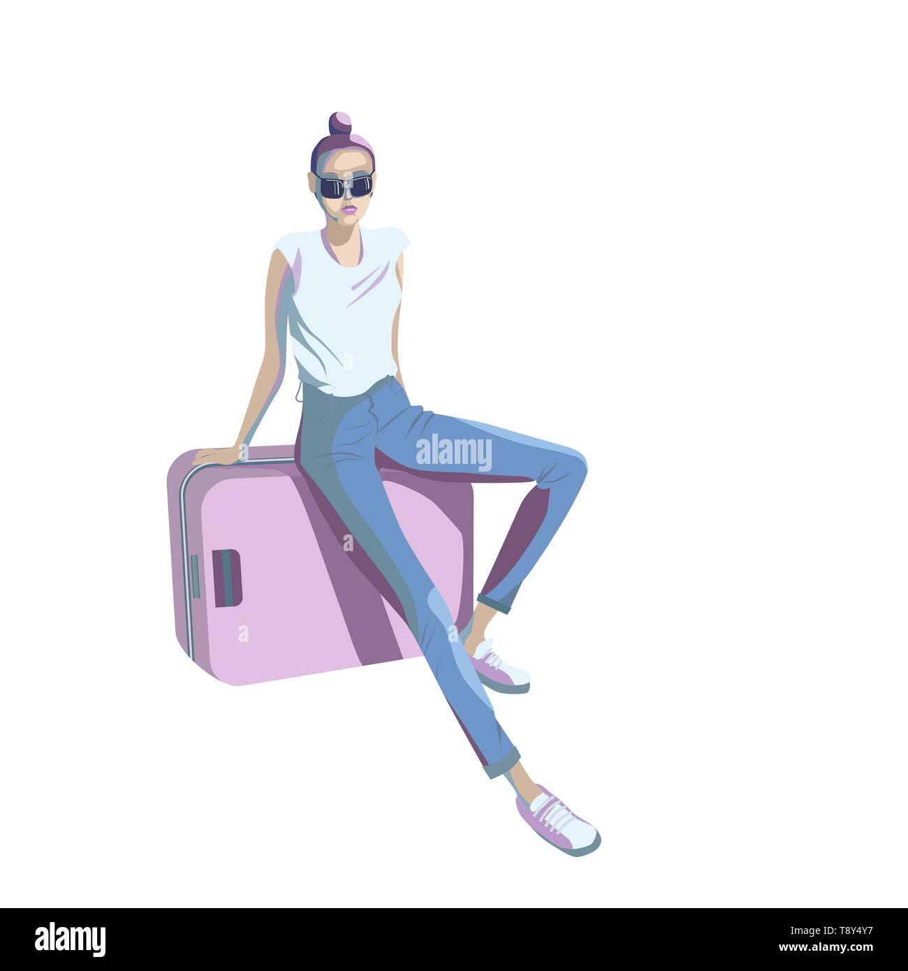 Une jeune fille est assise sur une valise dans la salle d'attente de la gare, l'aéroport. Balade, voyage. Hôtels de caractère. Vector illustration in cartoon styl Illustration de Vecteur