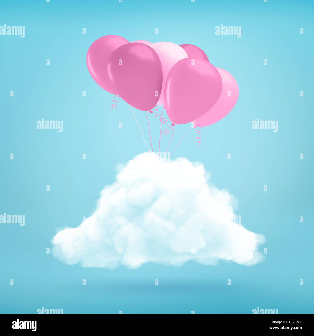 Le rendu 3D d'un tas de ballons violet qui sortent d'un nuage blanc moelleux sur fond bleu. Banque D'Images