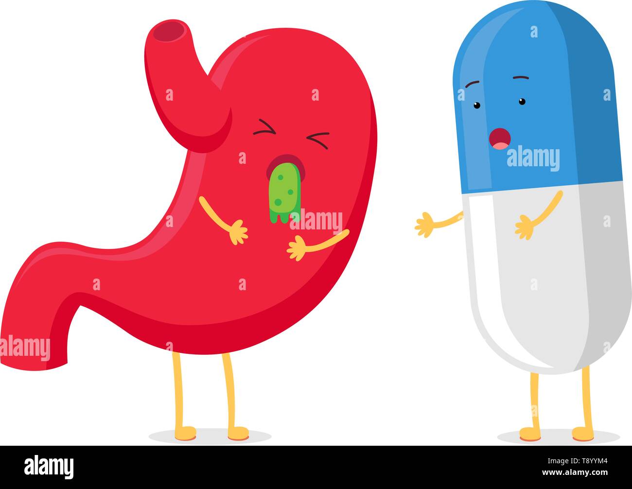 Cute cartoon caractère estomac malade triste émotion malsaine emoji avec drôle smiling medicine tablet comprimé. Les soins de santé, de médecine, d'amis, comprimé concept. S Illustration de Vecteur