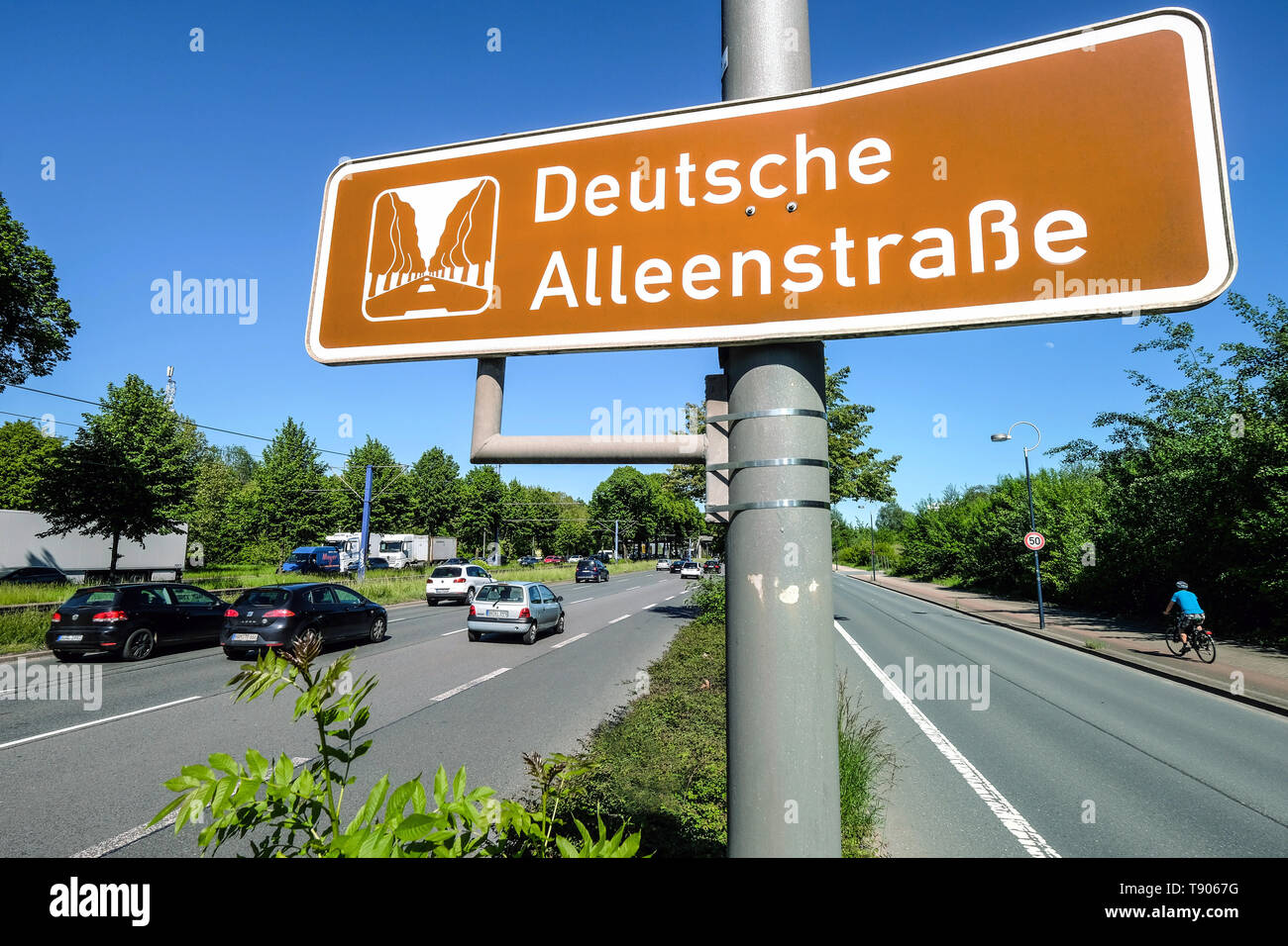 La route fédérale N° 1 (Ruhrschnellweg) dans la zone de la ville de Dortmund fait partie de l'Avenue de l'arbre allemand --- Bundesstraße" (Ruhrschnellweg) im Stadtbereich von Dortmund ist Teil der Deutschen Alleenstraße Banque D'Images