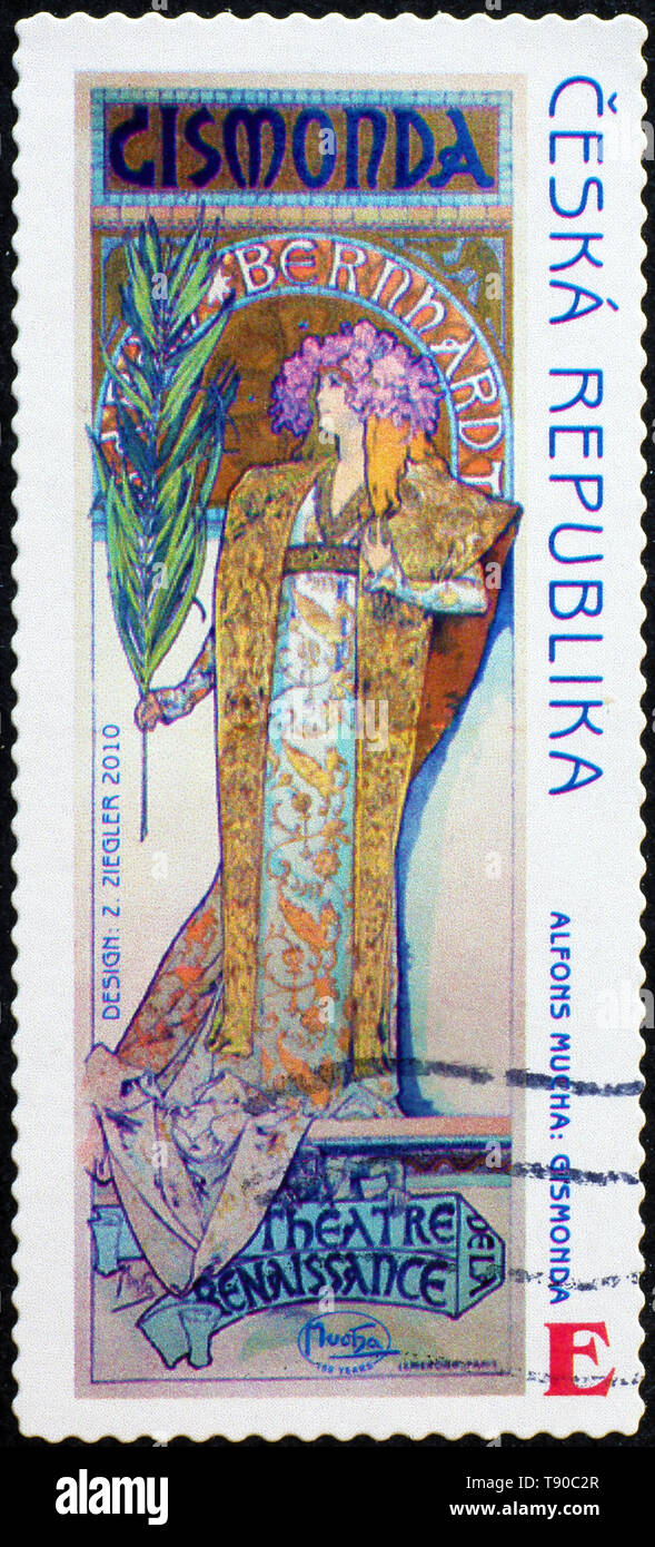 Affiche de Sarah Bernardt par Mucha sur timbre tchèque Banque D'Images