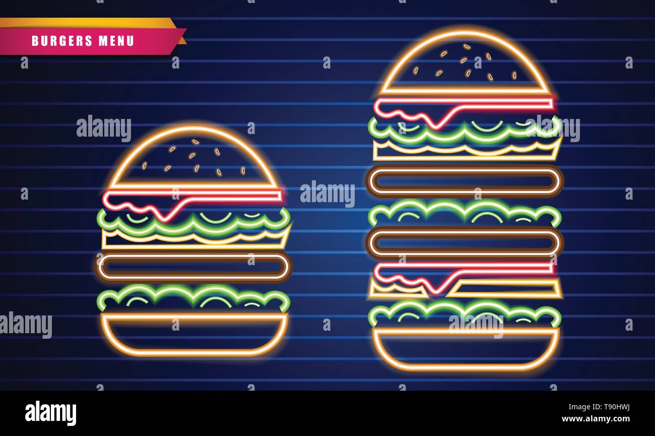 Burgers au néon différentes tailles Vector poster. Fastfood rougeoyante lumière symbole de panneaux. Cafe menu template Illustration de Vecteur