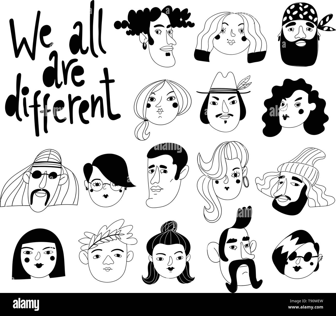 Vector design avec nous tous sont différents de lettrage et de gens différents avatars ou portraits Illustration de Vecteur