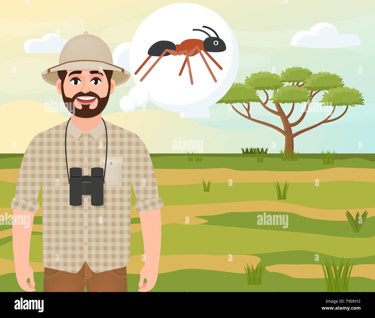 Homme heureux dans un liège hat, chasseur animal pense à une fourmi, safari, paysage, parapluie acacia campagnes africaines, vector illustration Illustration de Vecteur Homme heureux dans un liège hat, chasseur animal pense à une fourmi, safari, paysage, parapluie acacia campagnes africaines, vector illustration Illustration de Vecteur