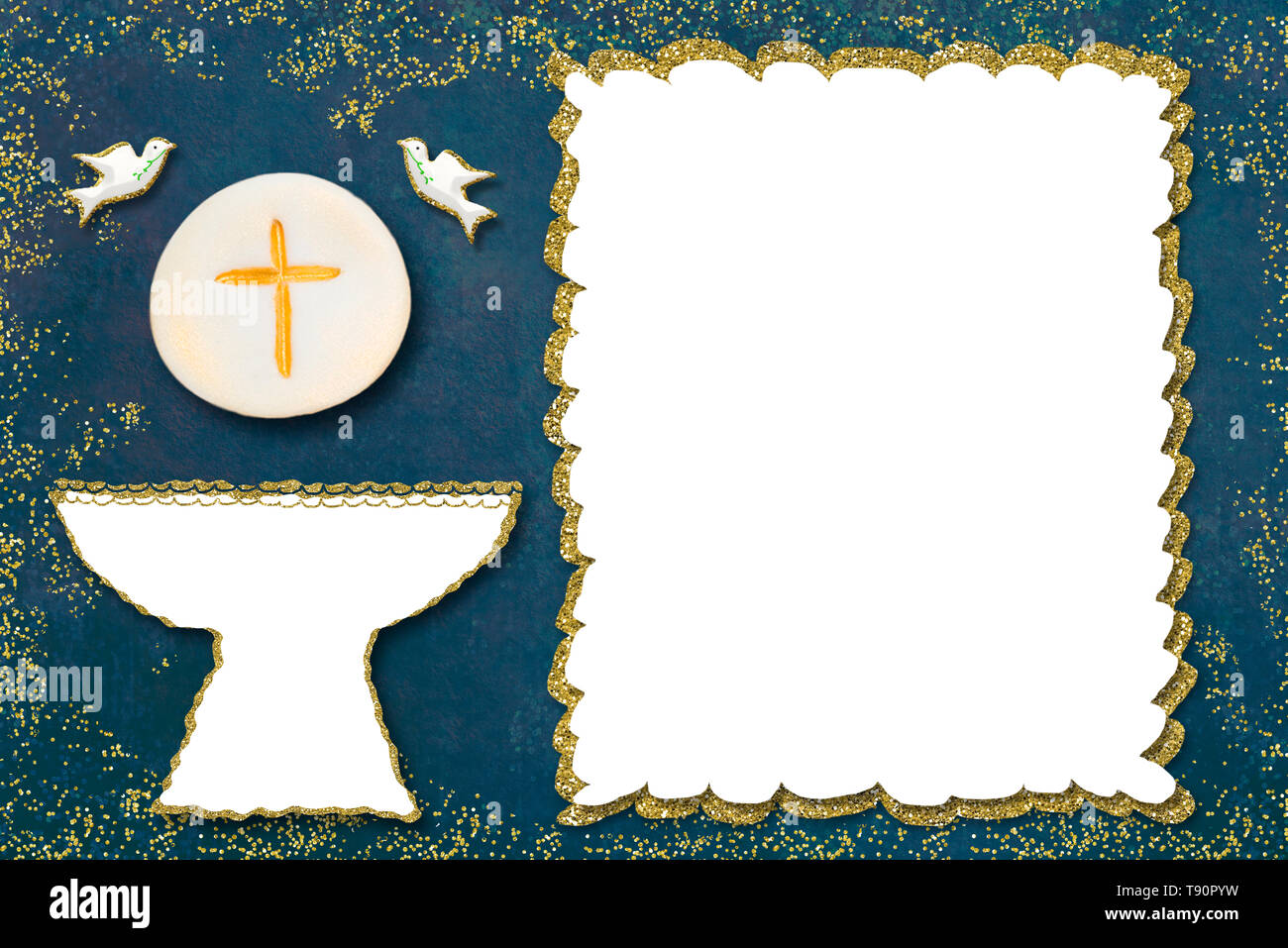 Premiere Communion Carte D Invitation Calice Or Et Blanc Sur Fond De Papier Bleu Avec Chassis Vide En Texte Et Photo Photo Stock Alamy