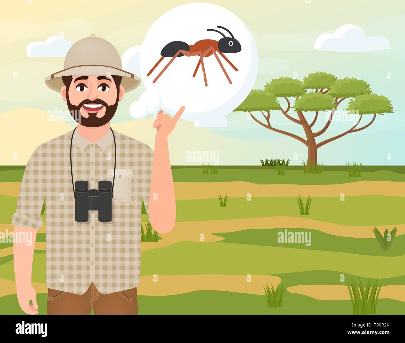 Homme heureux dans un liège hat, chasseur animal pense à une fourmi, safari, paysage, parapluie acacia campagnes africaines, vector illustration Illustration de Vecteur Homme heureux dans un liège hat, chasseur animal pense à une fourmi, safari, paysage, parapluie acacia campagnes africaines, vector illustration Illustration de Vecteur