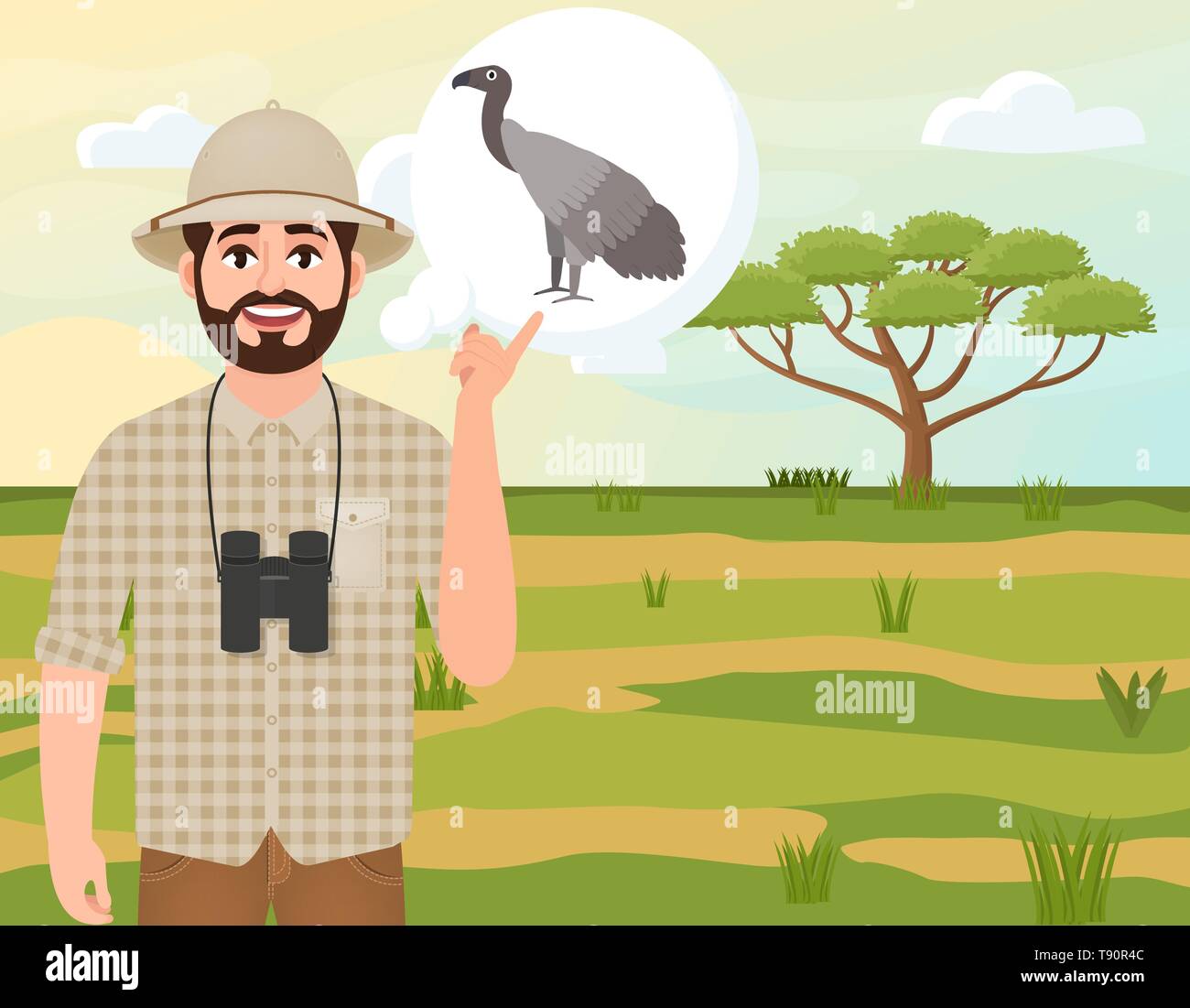 Homme heureux à Cork hat, chasseur animal pense de vautour Africain, paysage safari, acacia parasol, campagnes africaines, vector illustration Illustration de Vecteur