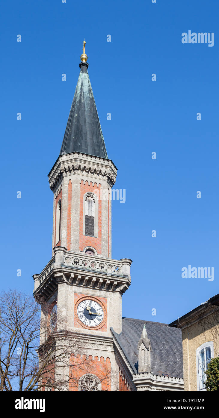 Le clocher de la paroisse protestante Christ Church de Salzbourg en Autriche. Le bâtiment a été accordé le statut de patrimoine mondial de l'UNESCO. Banque D'Images